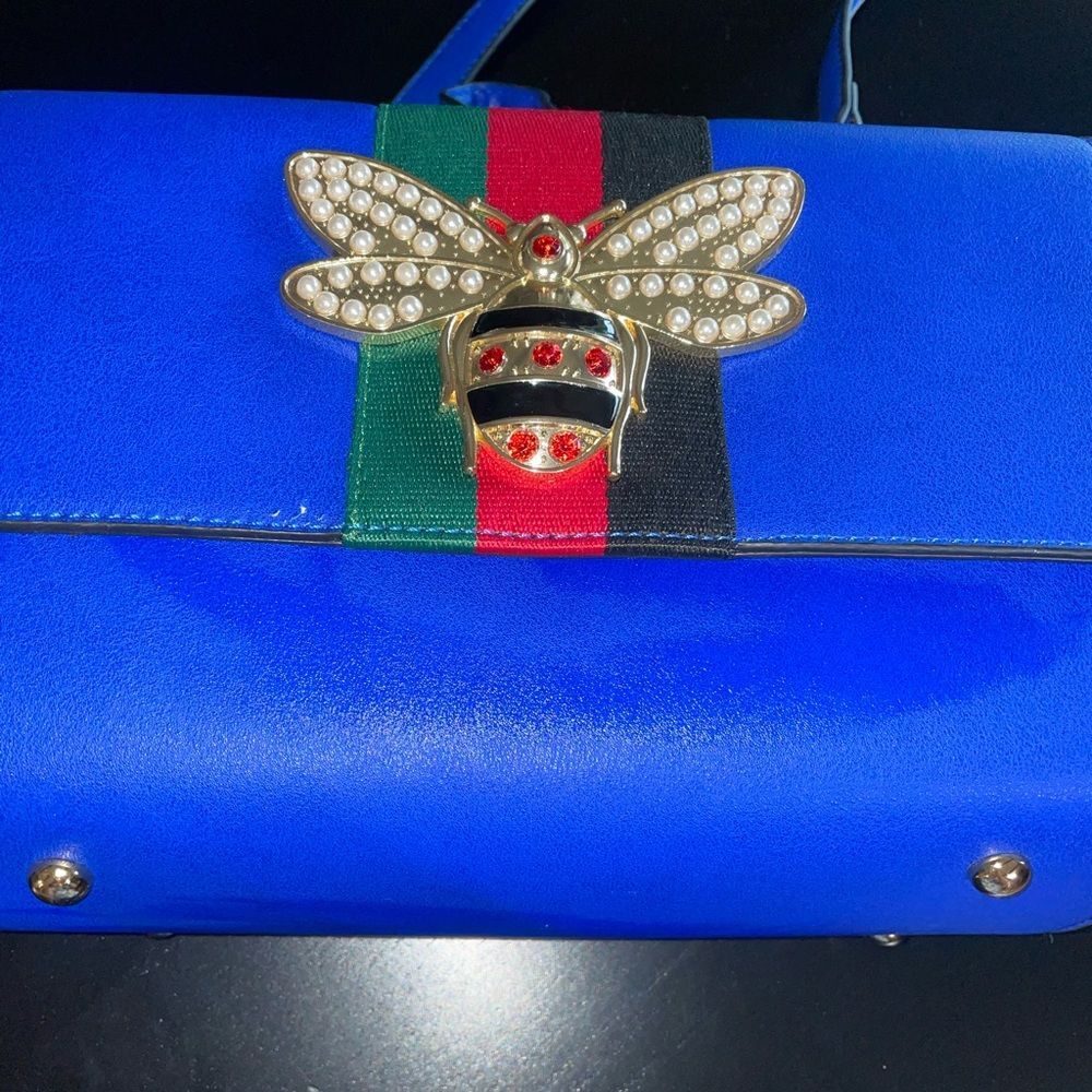 Bumblebee Blue Boxy Satchel W Designer Handle Top Purse Roomy Bee Charm Design View 2